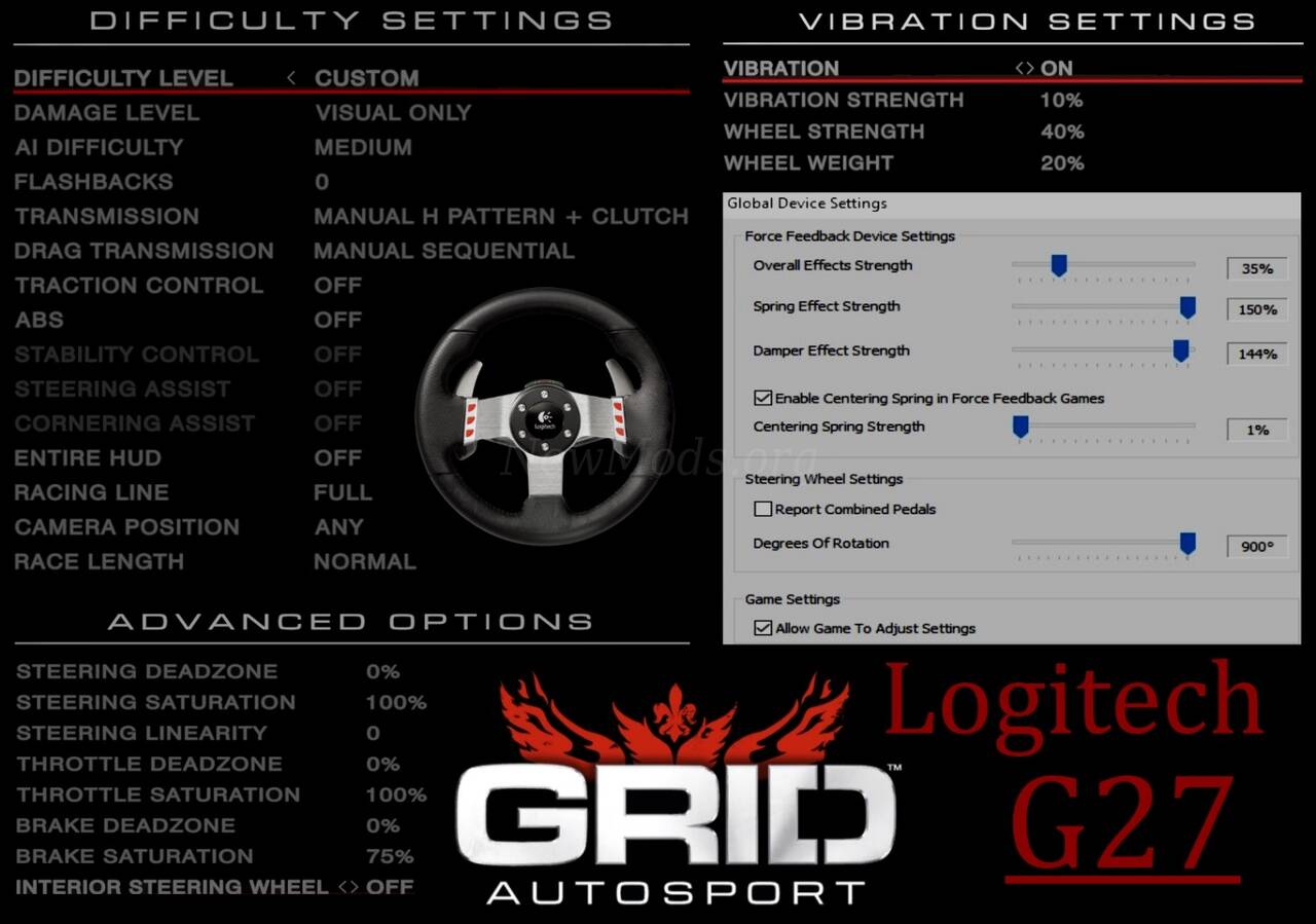 The correct settings for GRID Autosport to play on the Logitech G27 wheel